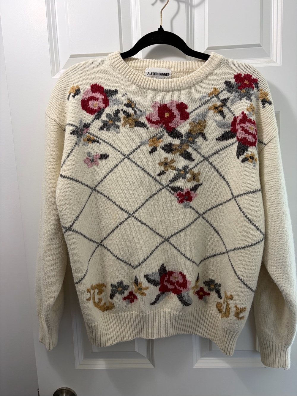 Alfred Dunner Cream Crewneck Sweater with Pink & Red Floral Jacquard